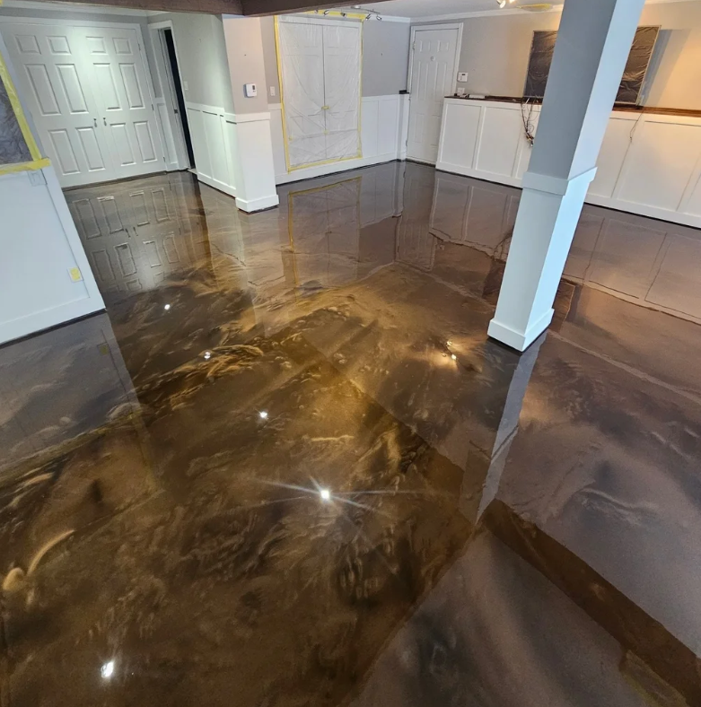 Brown metallic epoxy basement floor